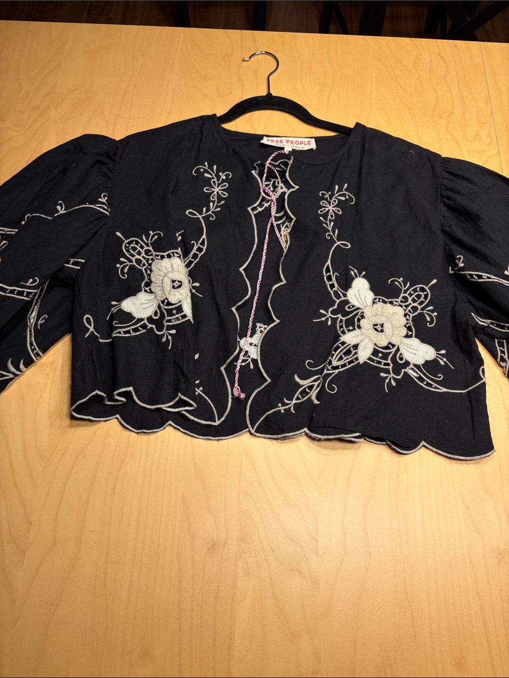 Free People Black Cropped Jacket with Cream Embroidery